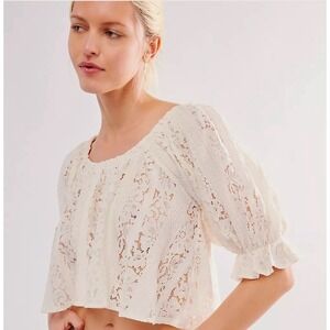 Free People Stace Lace Puff Sleeve Cropped Top Cream Size Small